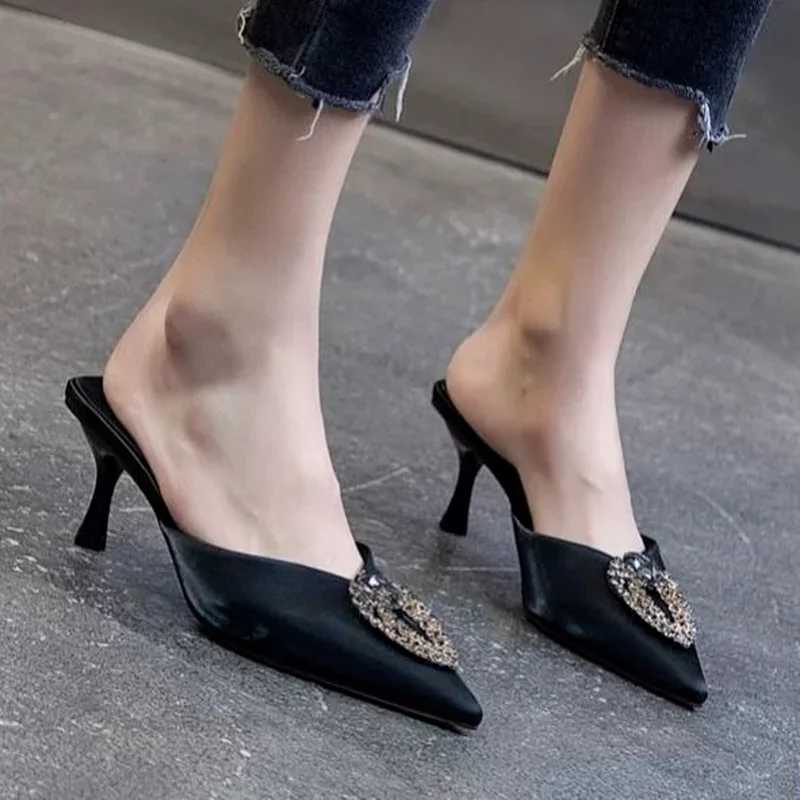 Slides Heeled Shoes Pointed Toe Knife Outside Rhenste Job Red Wens Slippers and Ladies Sandals Crystals Pvc S B W Luxury Y250317