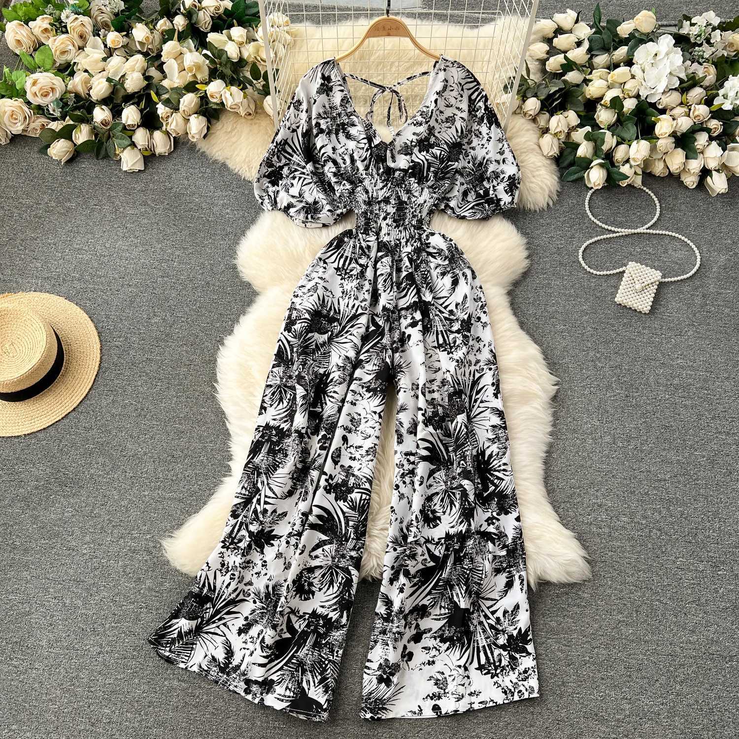 V-neck sexy Dolman Slves waist slim print jumpsuit womens wide leg Trouser jumpsuit X2503181