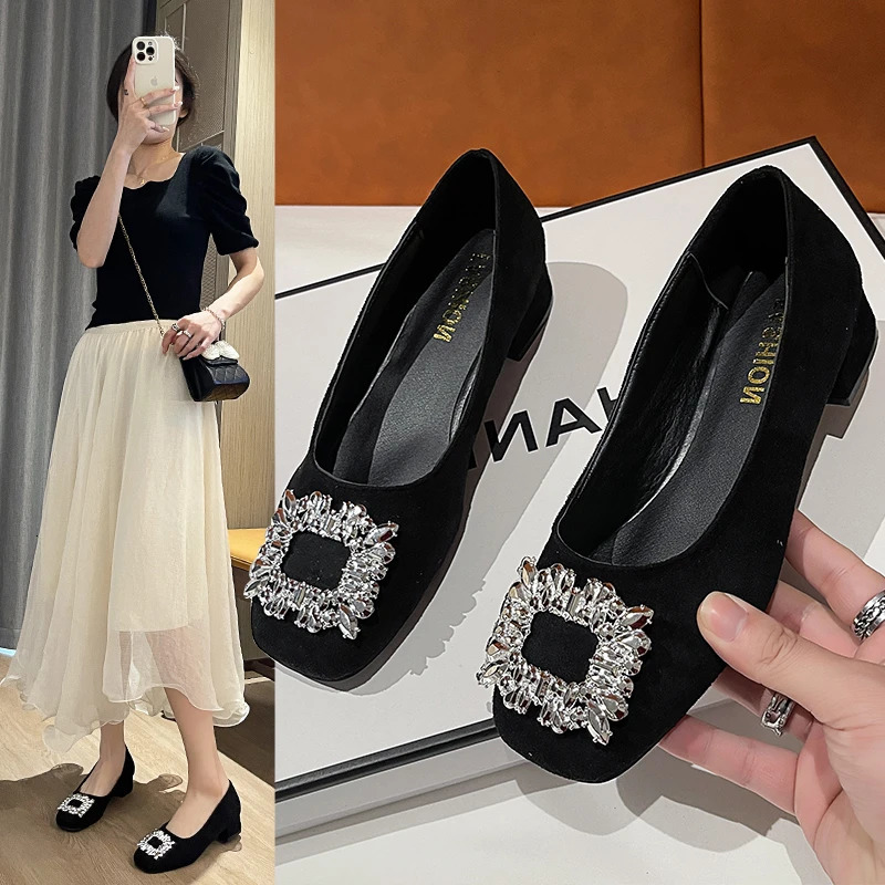 Women Square Heel Round Toe Crystal Pumps Plus Size 35-42 Black Elegant Office Shoes For Ladies Comfortable Slip Ons 3.5cm 250318