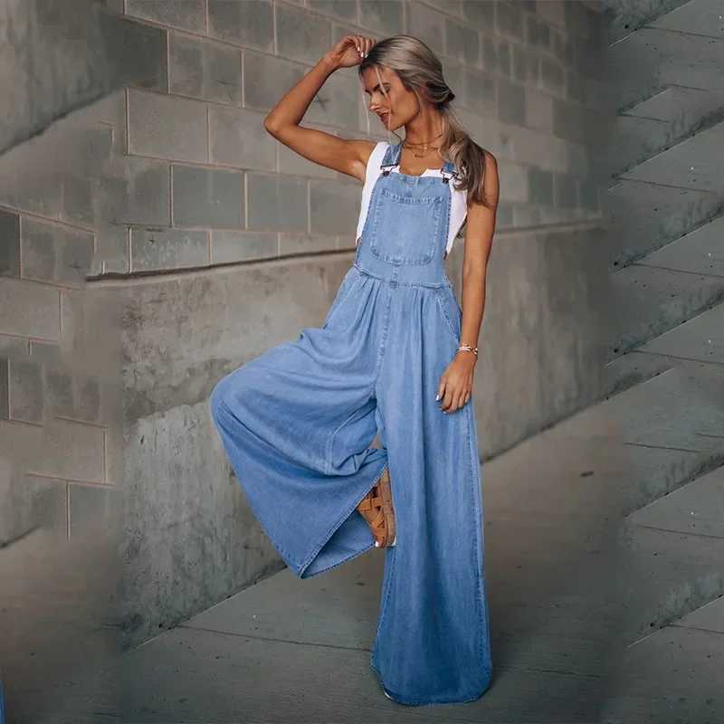 Womens pocket wide leg jumpsuit pendant denim high waisted neck daily strapless summer Y2k Maxi Strtwear X250318