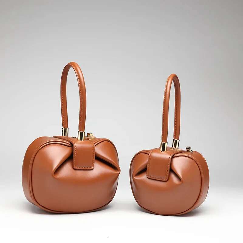 Elegant Genuine Cow Leather Women Round Dumpg Small Clutch Purse Evening Wrist Bag Ladies Top-Handle Handbag Classic Hobo