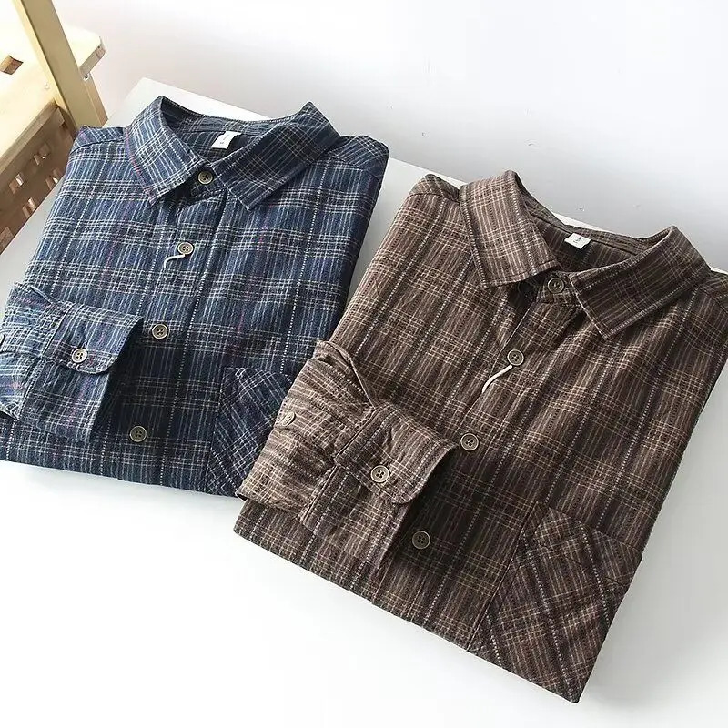 Mens autumn Japanese style retro casual plain button top fashionable simple long sleeved loose top Camisas De Hombre 250317