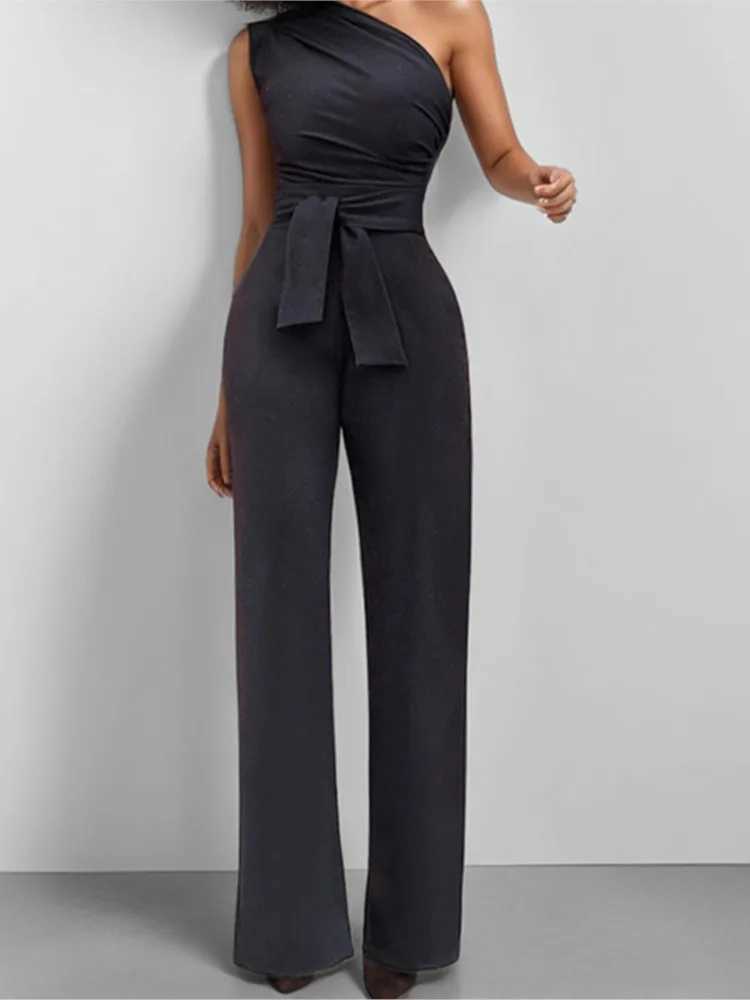 2025 Spring/Summer New Solid Color Single Shoulder Strap Womens jumpsuit Fashion Ultra Thin Elegant Straight Leg jumpsuit X250318