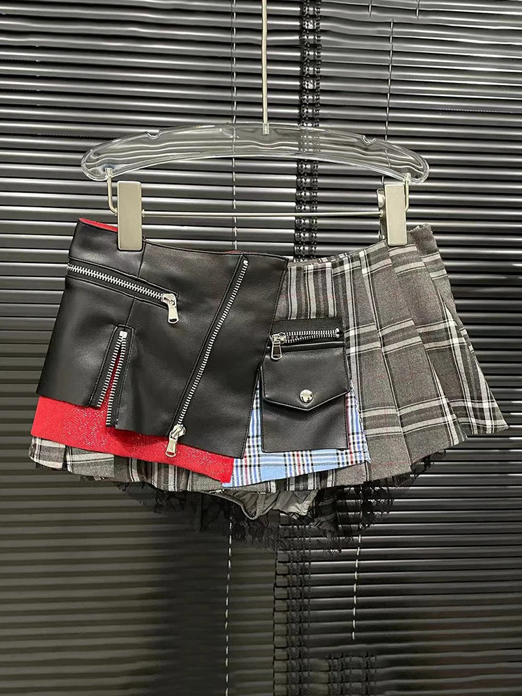 DEAT Fashion Trendy Womens Patchwork Plaid Pleated Mini Skirts Summer High Waist A-line Skirt Female 29L7565 250318