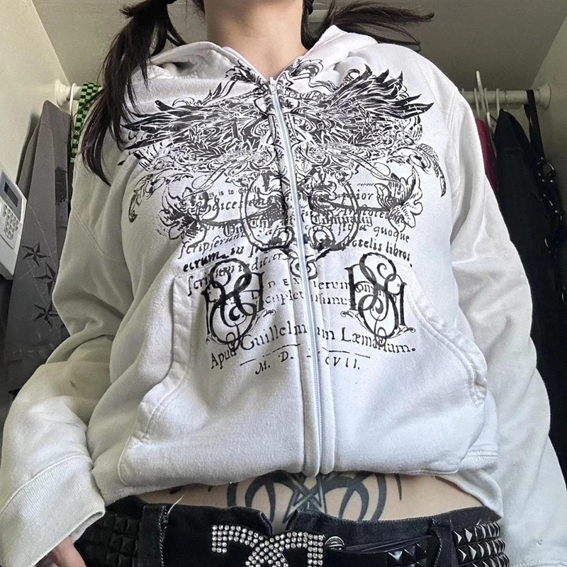 Imcute Wing Print Mall Goth Vintage Hoodies Y2K Grunge Graphic Long Sleeve Hooded Sweatshirt Harajuku Japanese Aesthetic Women 250318