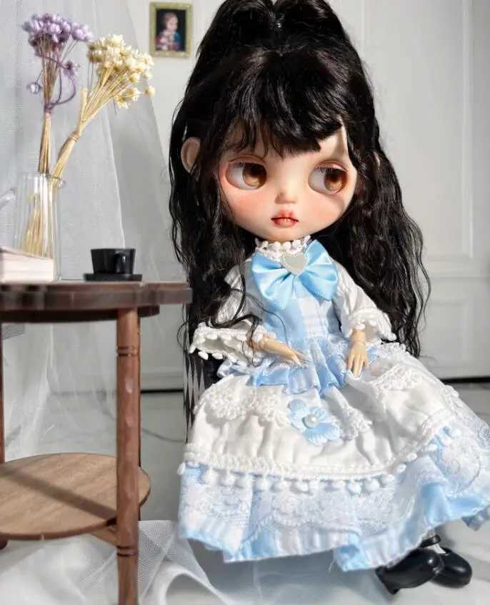 1 piece of vintage style clothing blythe doll outfit blue bow one piece dress 1/6 30cm (suitable for Pullip Ob22/24/26 Licca) X250318