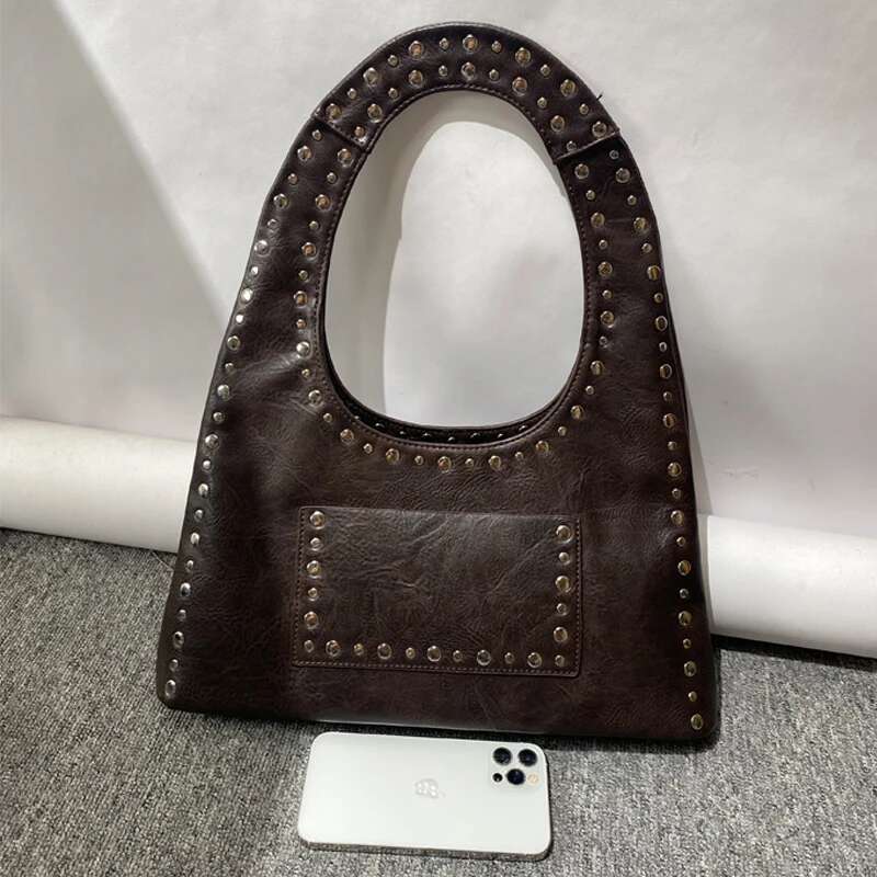 Large Capacity Moto & Biker Tote Bags For Women Designer Handbags And Purses 2024 New In Vintage Rivet Underarm Shoulder
