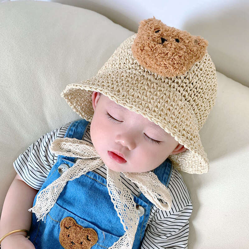 Instagram Cartoon Little Bear Children's Straw Summer Outdoor Sunscreen Sun Princess Baby Travel Strap Sunshade Hat
