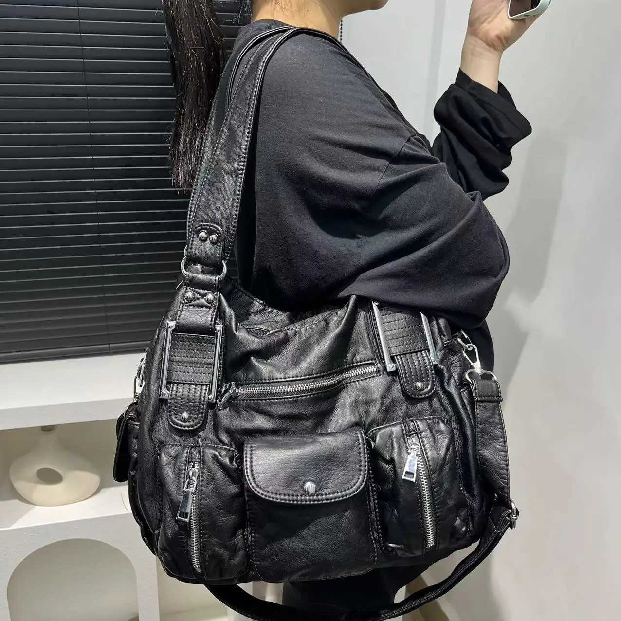 Fi Y2K Hot Girl Motorcycle Bag with Litchi Pattern Mti Pocket Sole Cross body Bag Y250318