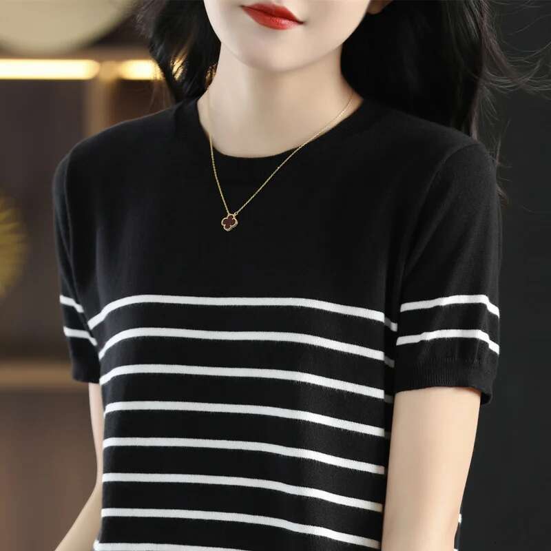 100% Pure Cotton T-Shirt Women's Knitted Striped Short Sleeved Casual Round Neck Tees Summer Basic Loose Tops Versatile