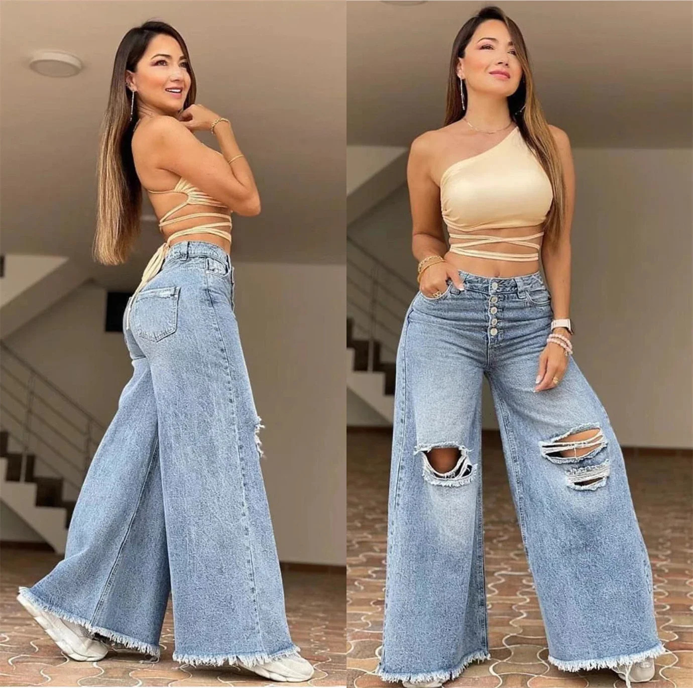 XS-XL Size Summer High Waist Retro Loose Hole Wide Leg Pants Light Color Laundry Womens Jeans Z260313