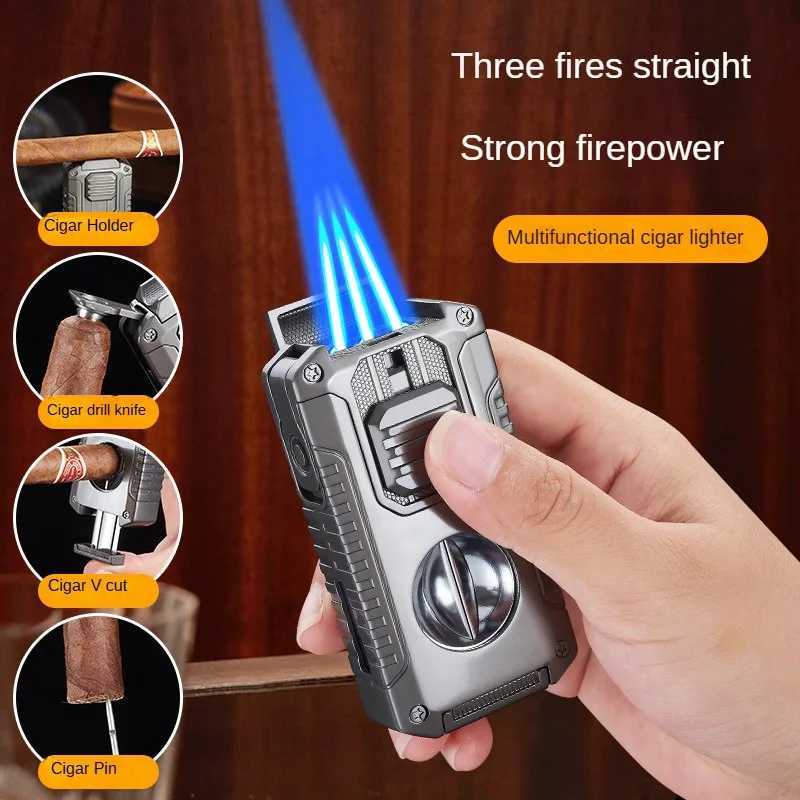 Multifunctional Three-jet Flame Direct Injection Cigar Lighter with Built-in V-shaped Cigar Cutter Portable Five-in-oneC250318