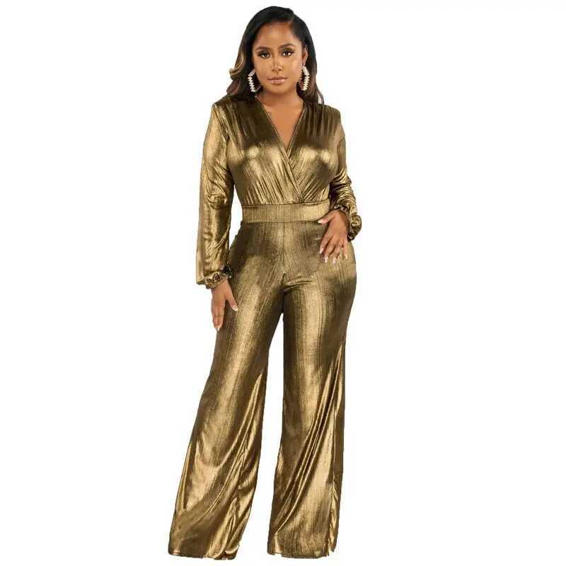 Glitter Metallic Party Nightclub Jumpsuit Women 2023 Autumn Elegant Long Sleeve High Waist Wide Leg Trousers Romper For Women X2503181