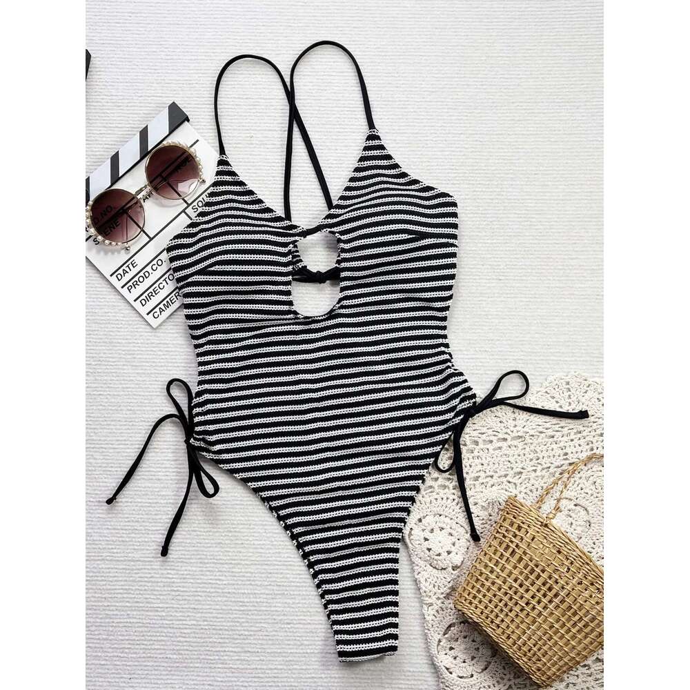 Sexy Black Stripe One Piece Swimwear Women Liquor Hollow Lace Side Back Nude Lace Swimwear Belly Control Swimwears