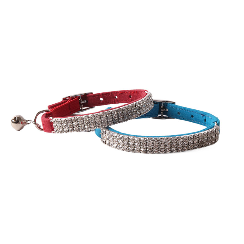 Soft Velvet Safe Cat Adjustable Collar with Bells and Sparkling Reflective Diamond Decoration, Safety Elastic Strap Collar for Kitty Small Cats (18-28