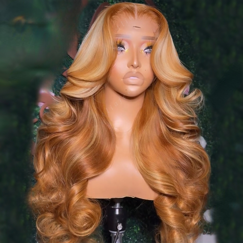 Peruvian Hair Honey Blonde Body Wave Lace Frontal Wig Transparent PrePlucked Highlight Colored 360 Full Lace Front Wigs Synthetic for Women