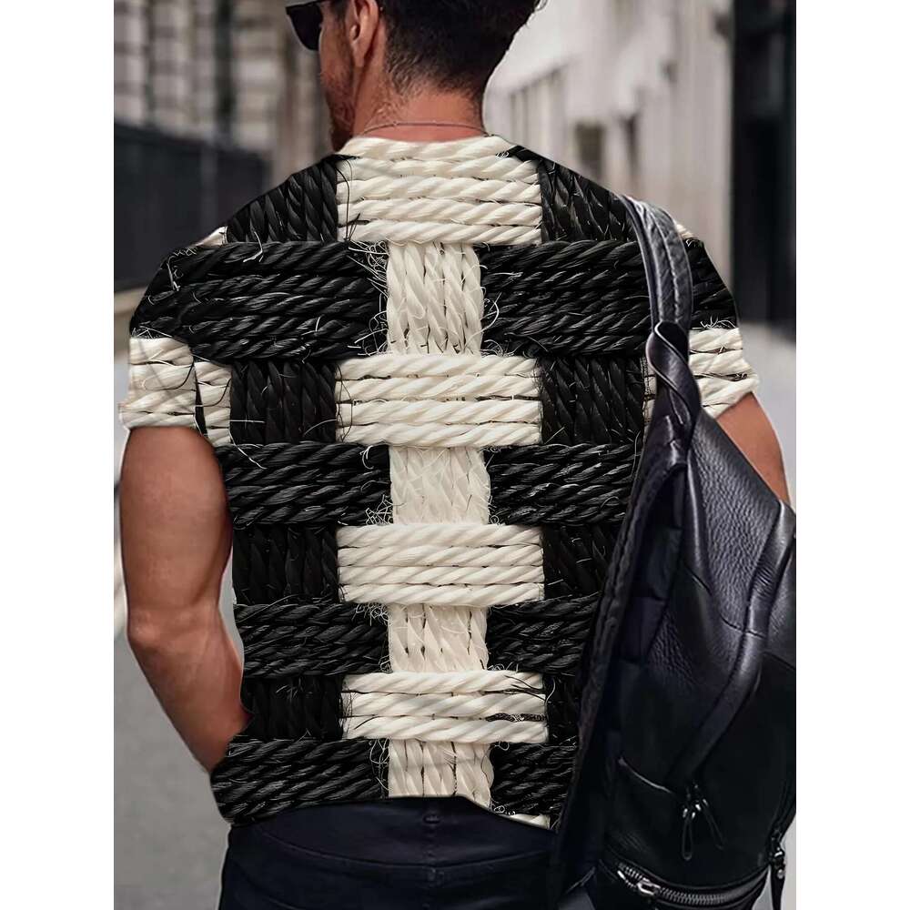 Men's 3D printed striped T-shirt, round neck, short sleeved top, sporty style, summer fashion trend, big