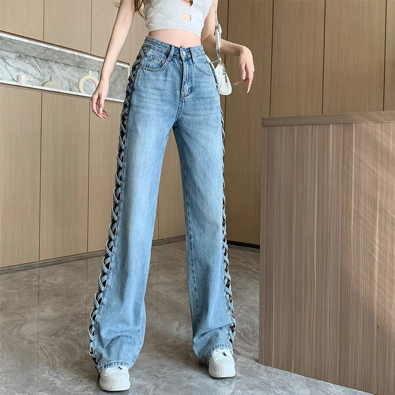 woven hollow womens jeans high waisted straight denim pants spring and summer casual wide leg Trouser strtwear Z260313