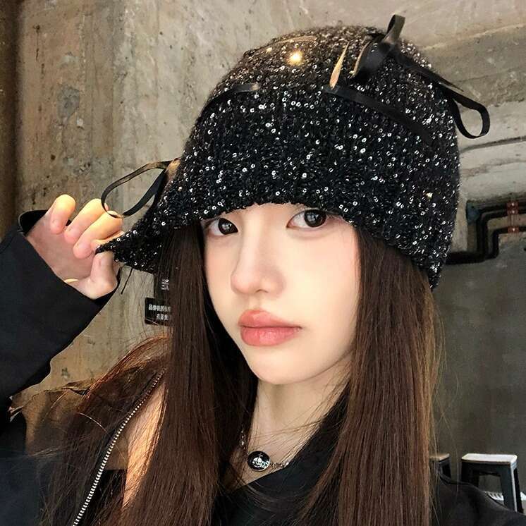 Zhao Lusi's same dark bow sequin knitted cold Korean version early autumn small fragrance style spicy girl headband hat