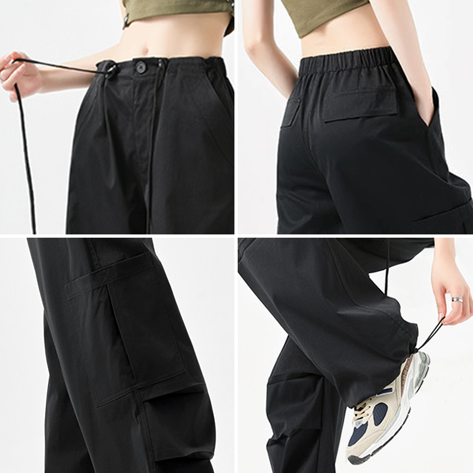 Women's Cargo Pants - Baggy Parachute Pants with Pockets for Everyday Wear, Adjustable Drawstring Waist
