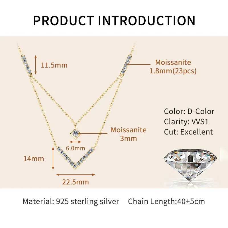 Sparkling 3mm and 1.8mm round moissanite necklace 925 sterling silver fashionable V-shaped necklace suitable for womens exquisite jewelry gifts W25031
