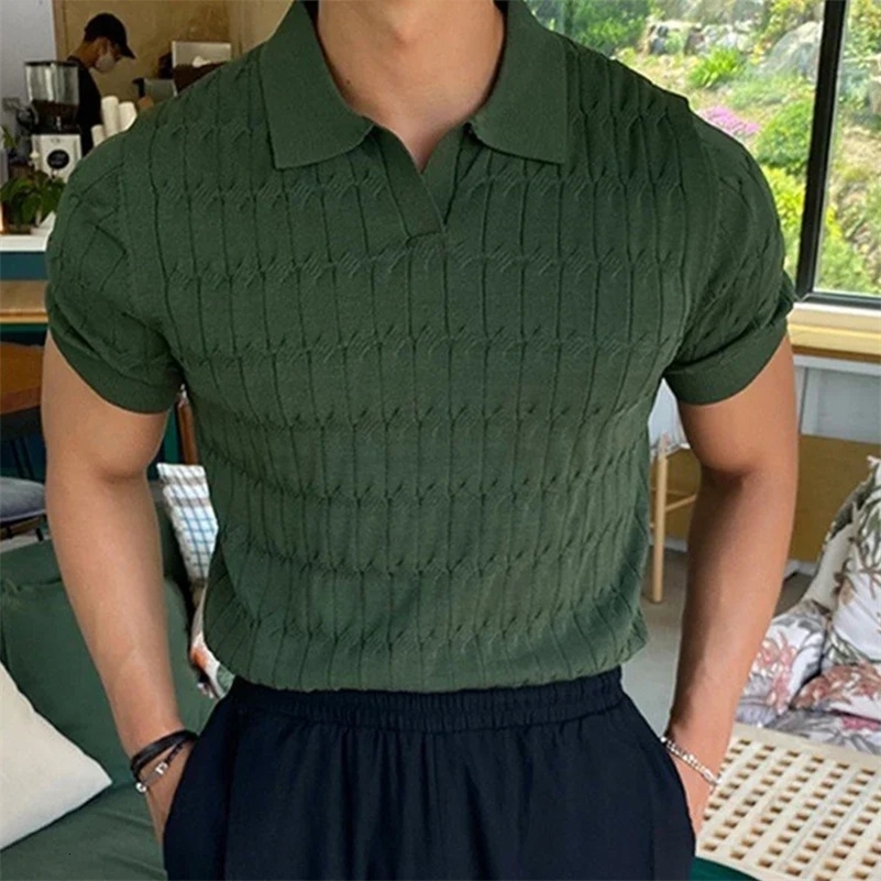 Summer Solid Casual Polo Shirts Mens Sexy Slim Fit V-Neck Knitted Tops Mens Jacquard Short Sleeve Shirts Leisure Knitwear 250224CJ