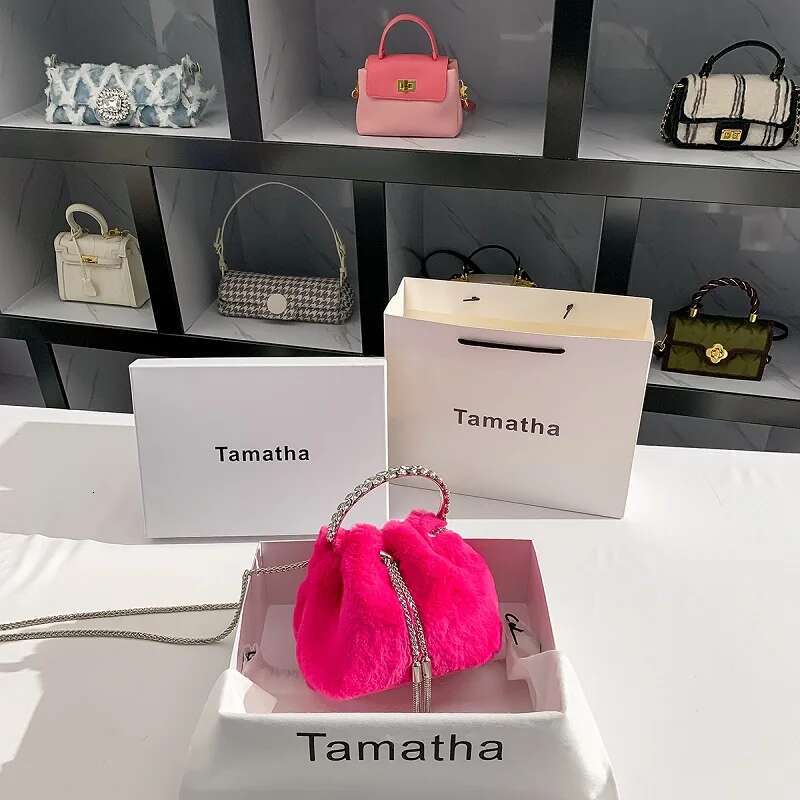 Autumn Winter Women's Handbag Pink Color Faux Fur Soft Bucket Lady Purse Evening Clutch Female Shoulder Crossbody Bag