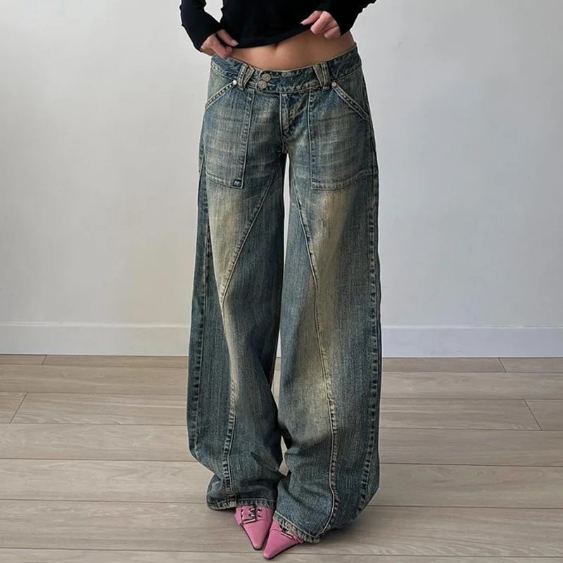 BIIKPIIK Vintage Washed Loose Fit Jeans Casual Denim Pants For Women Streetwear Pockets Straight Trousers Summer Bottom Clothing 250317