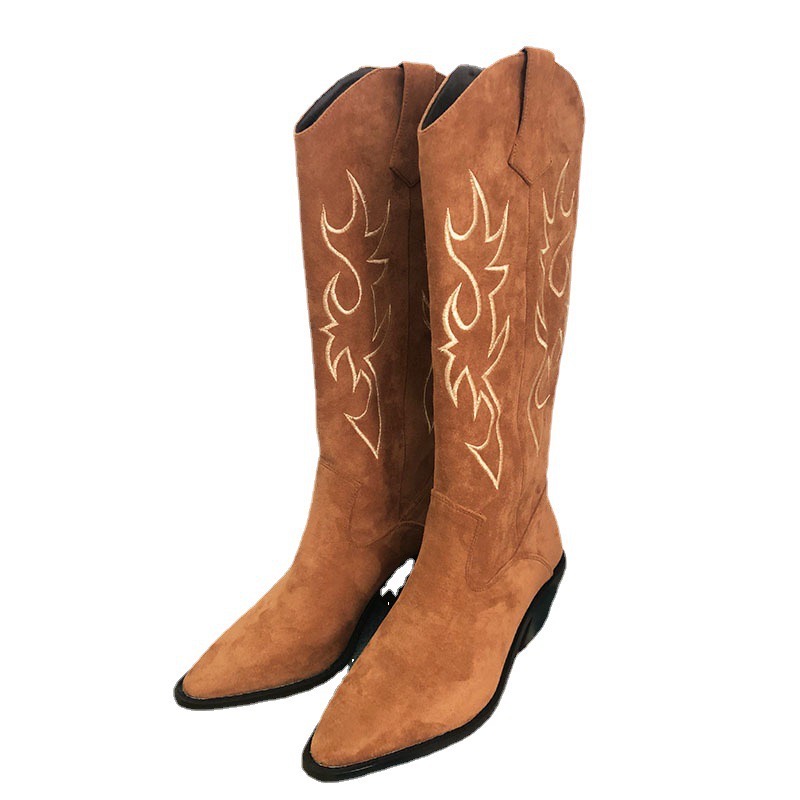 2025 new women's danxuefei natural leather 5cm chunky heel pointed toe slip-on autumn knee high western casual long boots hot c6d8