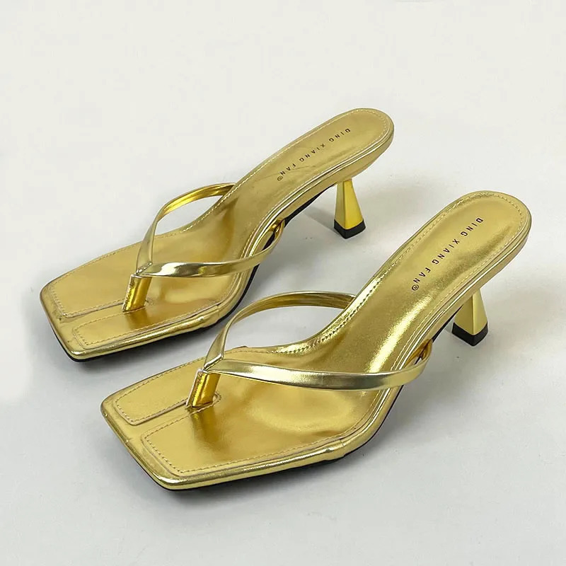 Golden Ladies Thin Heels Pumps Slides Shoes Female Slip On Footwear Fashion Shallow Women Medium Heels Shoes Flip flops 250317