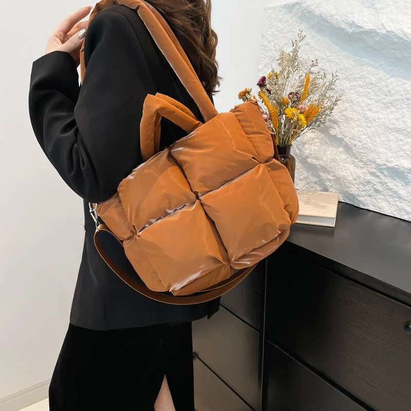 Winter Quilted Space Cotton Puffy Shoulder For Women Large Capacity Waterproof Nylon Handbag Bag Shopping Tote Bolsas