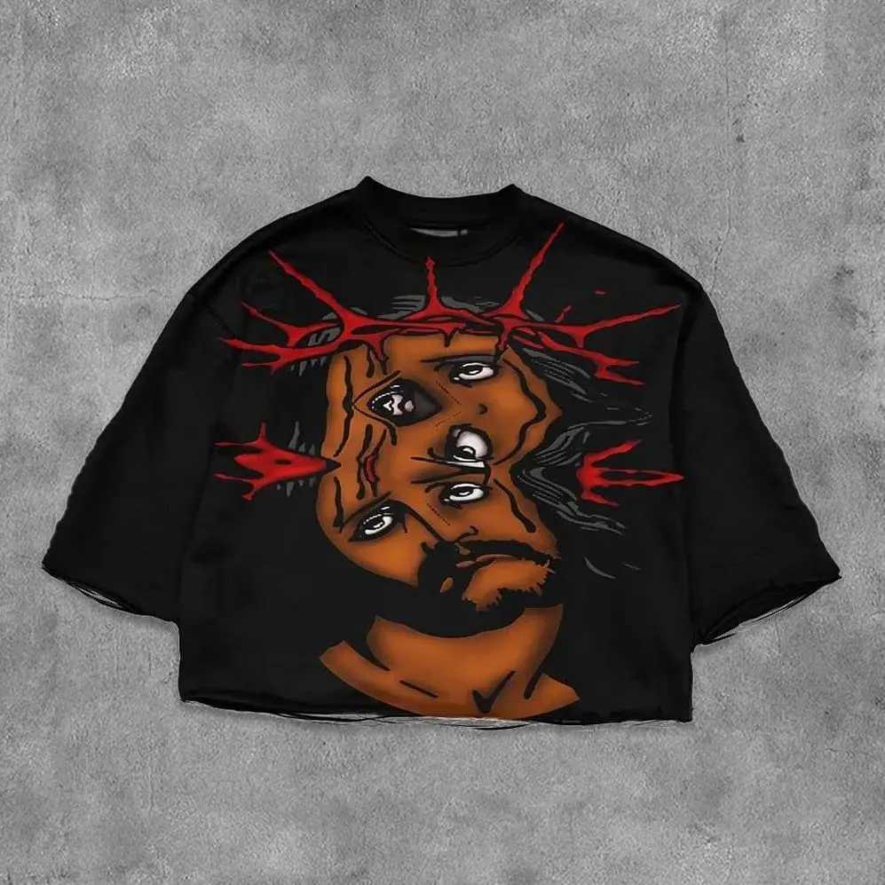 Hip hop mens staff collar short sleeved T-shirt Gothic street casual print suitable for all seasons loose fit plus sizeXJ250318