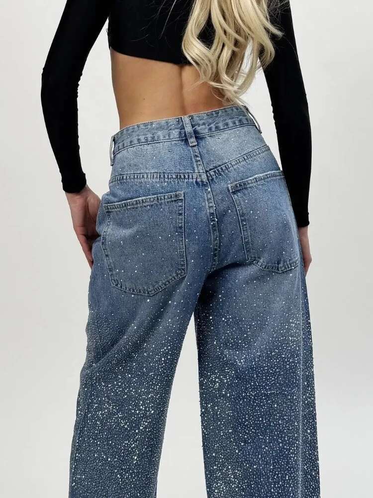 Street Rhie Gradient Blue Women's Jeans High Waist Basic All-Match Wide Leg Trousers Casual Female Commuting Streetwear
