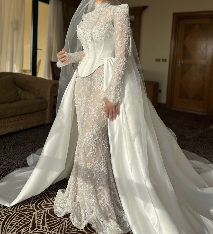 Elegant Wedding Dresses Appliques Beaded Mermaid Bridal Gowns Detachable Train Long Sleeve High Neck Custom Made Illusion Bride Dress Vestidos De Novi