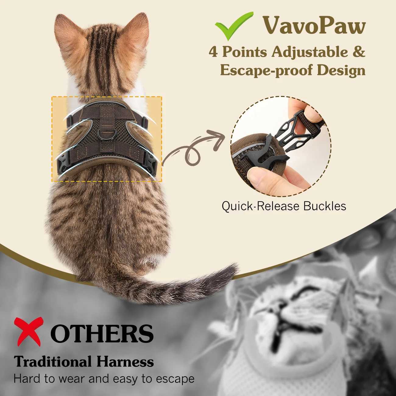 VavoPaw cat harness and belt set adjustable cat vest harness for walking with reflective strip breathable mesh cat harnessT250318