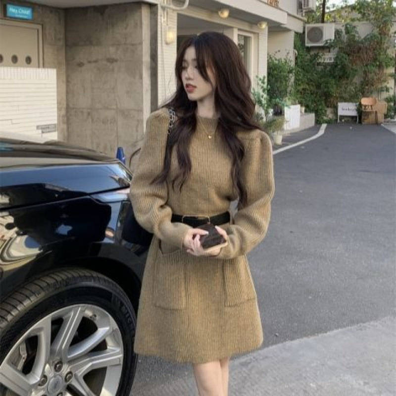 L1380 knitted dress women's autumn new waist slim design half-length sweater dress
