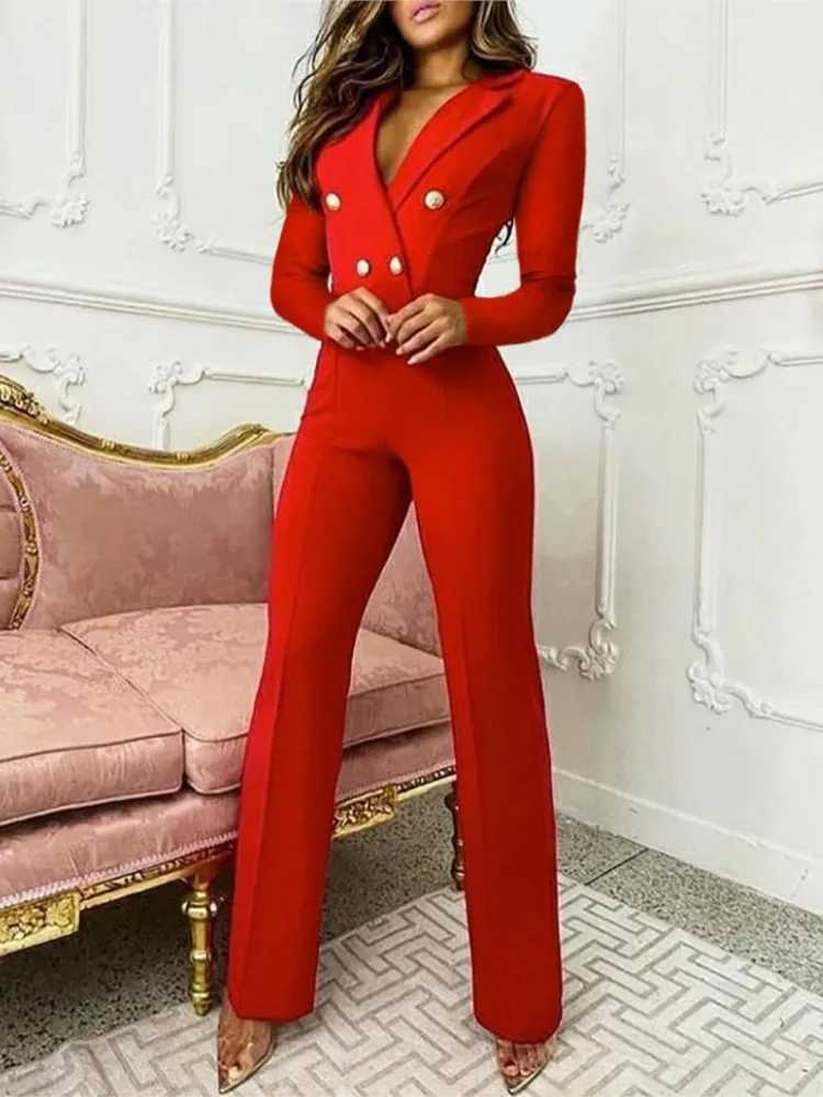 New solid color set collar long Slve womens jumpsuit autumn fashion button simple ultra-thin office womens jumpsuit X250318