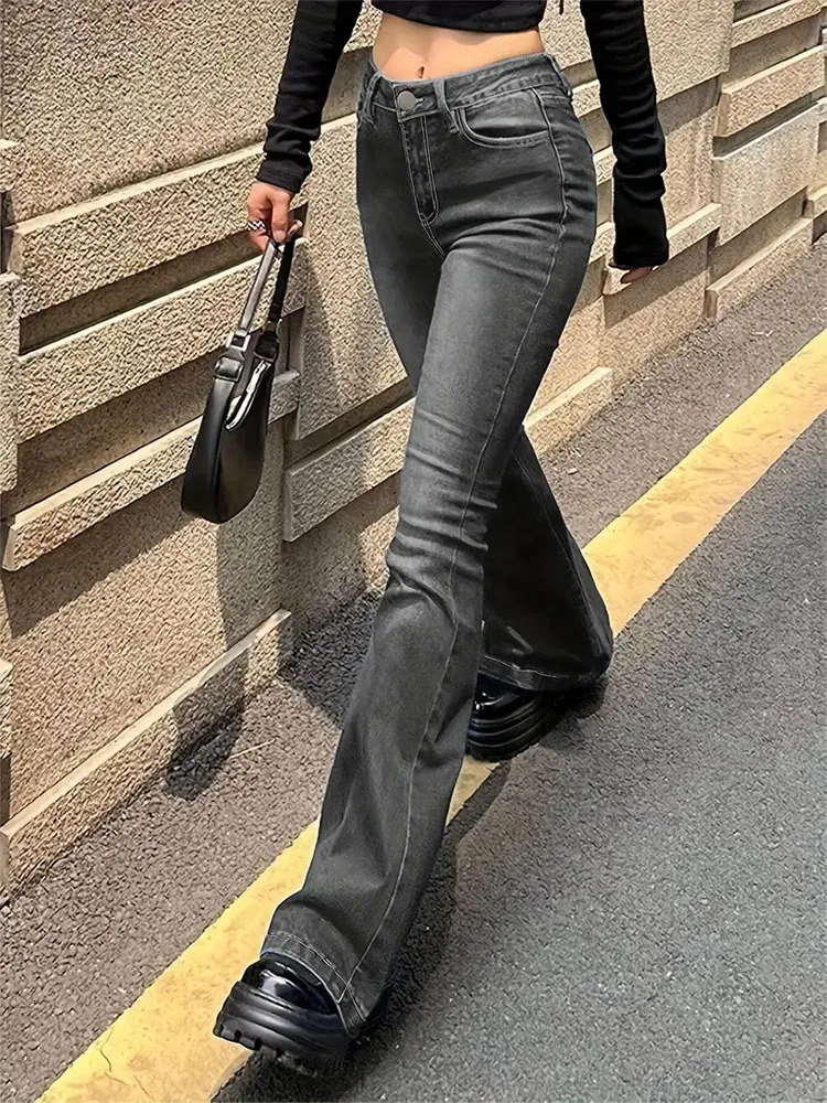 Womens Flare Elastic Moustahe Jeans Fashion Tight Bell Bottom High Waist Grey Denim Pants Classic Y2K Punk 250317