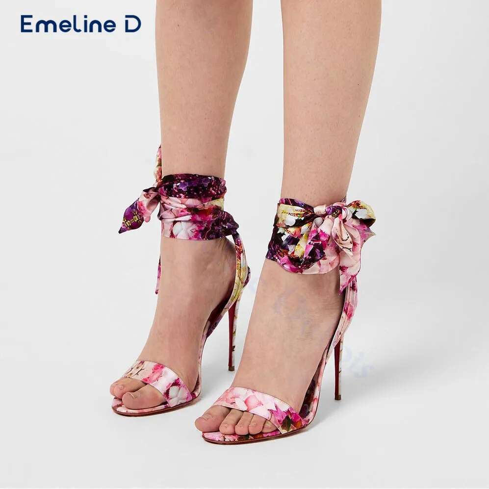 Bright Colorful Wer Print Satin Round Toe One-Strap Stiletto Sexy Sandals Calf Straps Fashionable Women's Shoes