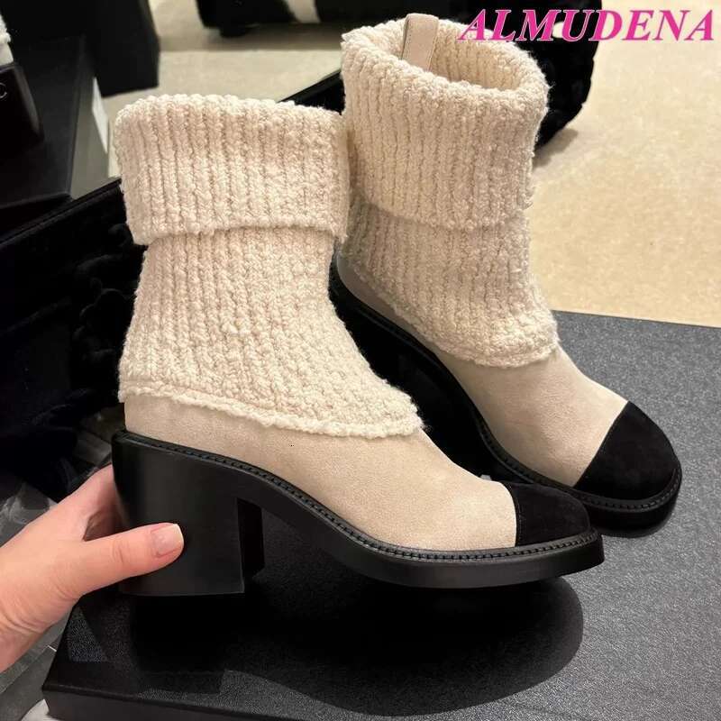 Women's 2025 New In Black And White Chunky Heel Sock Boots Designer Round Toe Booties Elegant Party Knit Shoes