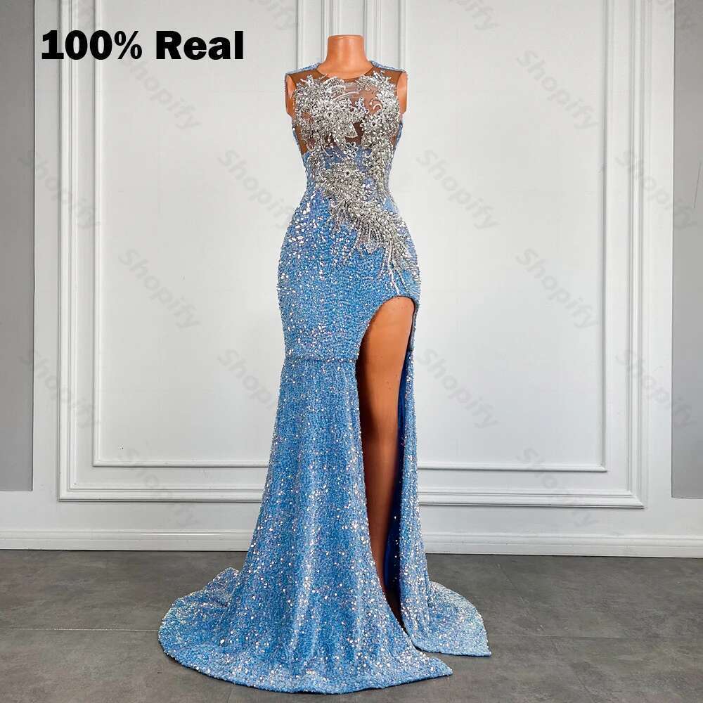 Light Blue Sequin Long Dress 2025 With Slit Sparkly Beaded Crystal Black Girl Mermaid Style Prom Gowns Customized Dr0318