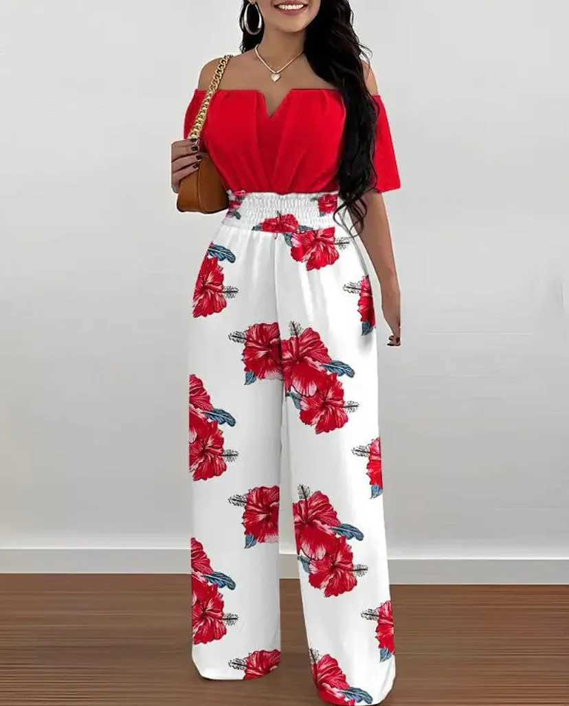 Summer elegant shoulder womens jumpsuit 2024 fashion trend casual shorts Slve wide leg pants womens jumpsuit X2503181