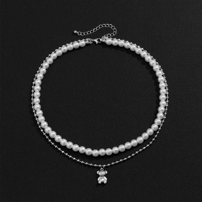 Imitation Pearl Bear Pendant Double Necklace Male Hip Hop Everything Collarbone Chain Choker Jewelry