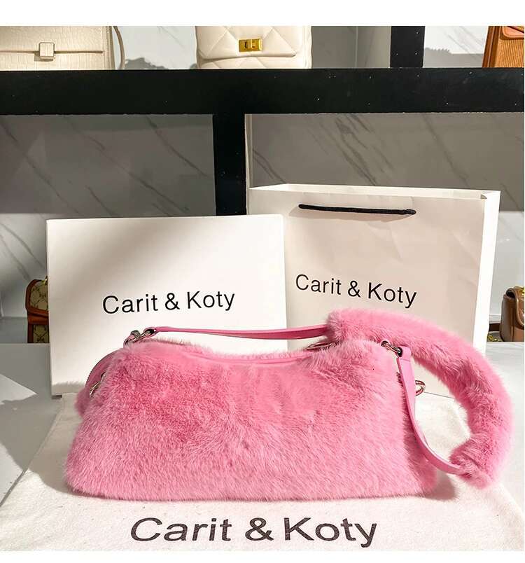 Autumn Winter Soft Faux Fur Pink Square Fashion Women's Handbag Shoulder Underarm Bag Wedding Party Clutch Purse Armpit