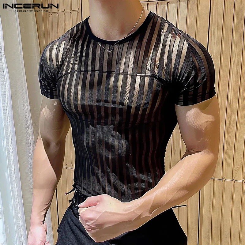 Sexy Stylish Style Tops INCERUN Mens Tight Striped See Through T-shirts Fashion Casual Thin O-neck Short Sleeved Camiseta S-5XL 250318