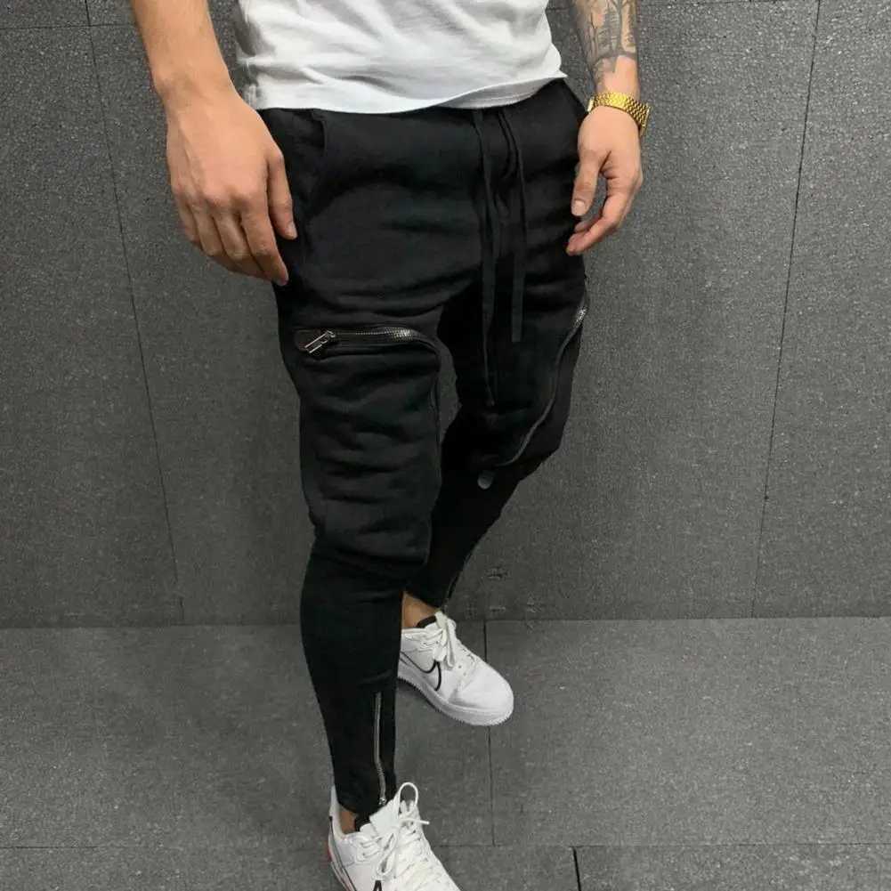Commodity pants mens solid color drawstring casual multi zipper pocket mens harem pants W250318