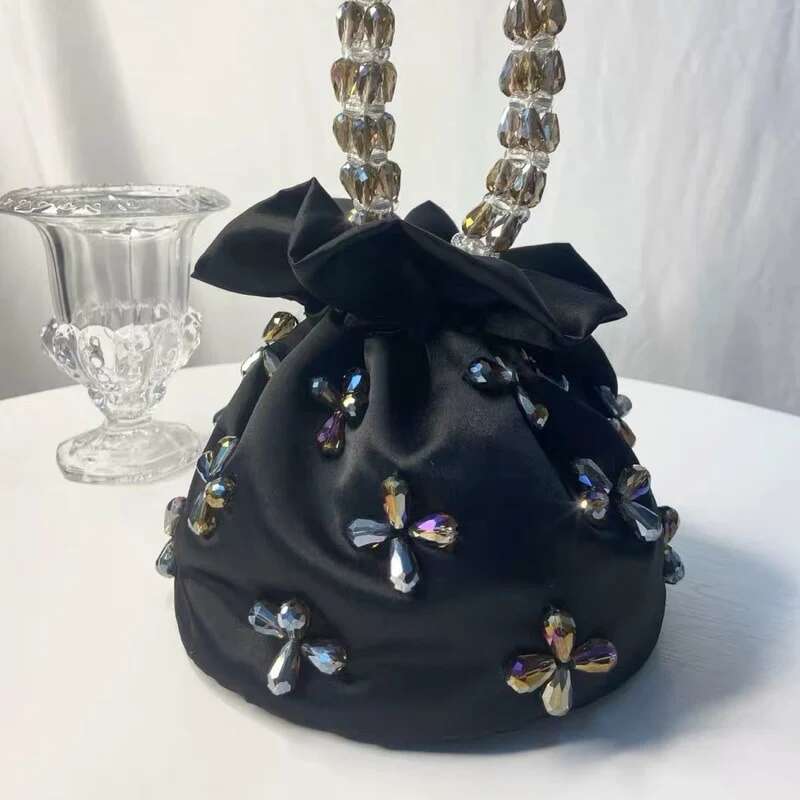 Satin Handmade Hobo Women Handbag Transparent Beads Beading Handheld Bucket Purse Fashion Evening Shoulder Bag