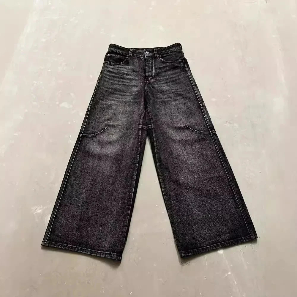 Vintage Y2K Straight-Leg Denim Pants Mens Casual Bell Bottoms Loose Fit Cross-Border Washing Black Jeans For Streetwear 250318