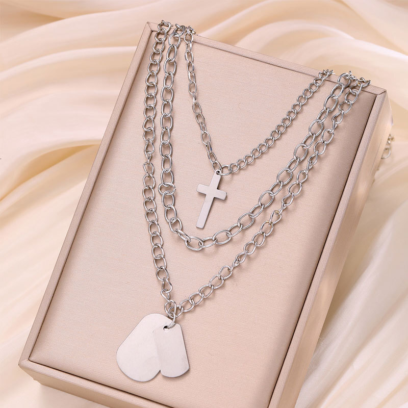 Cross Size Military Pendant Three Layer Necklace Men And Women Instagram Hip Hop Multi-layer Jewelry