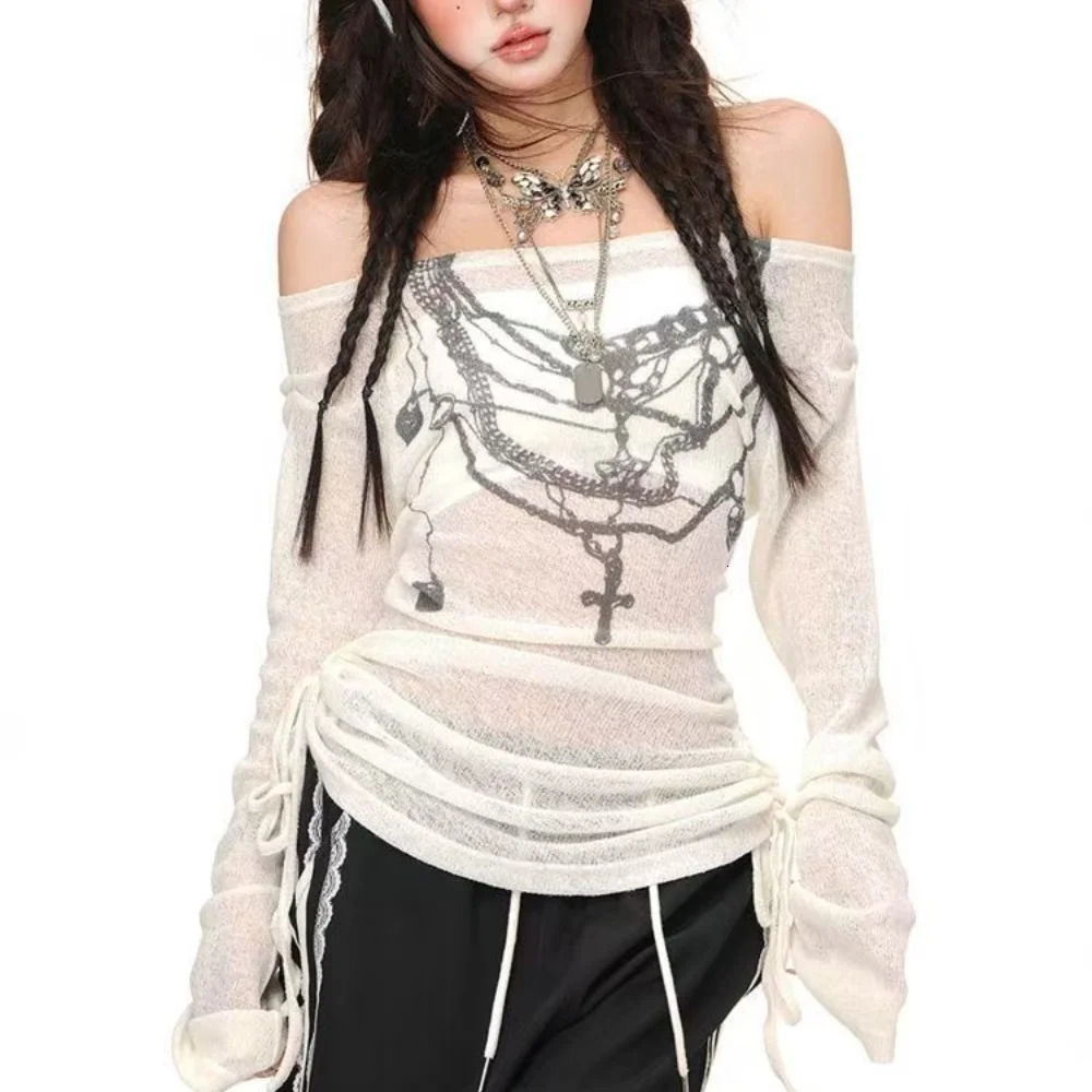 American Retro Ladys See Through T-Shirt Harajuku Cover Slash Neck Long Sleeve Top Y2K Punk Spice s T-Shirts Blouses 250318